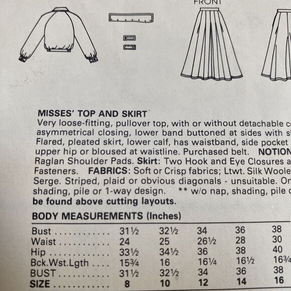 1980s Uncut VOGUE PATTERN 1229 Size 10 American Designer Top & Skirt by ADRI - Picture 7 of 9